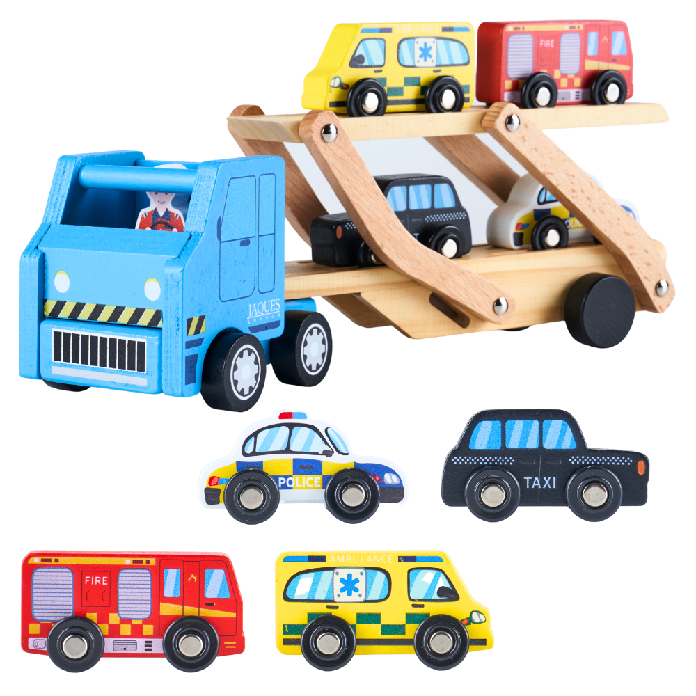 Wooden toy truck with multiple cars on a white background[fill]