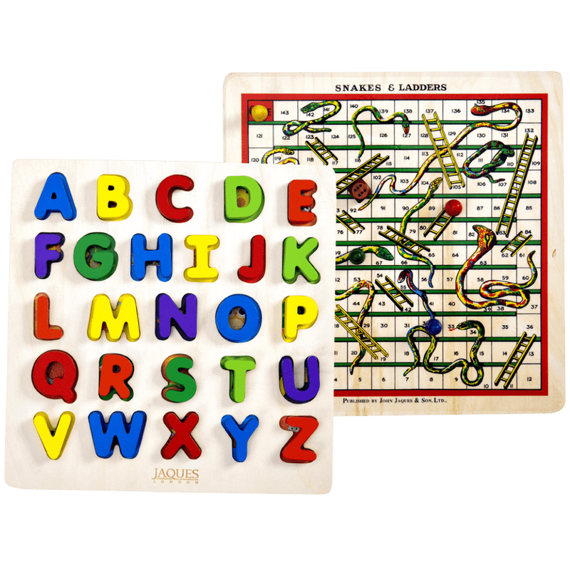 Snakes and ladders with reversible alphabet puzzle board