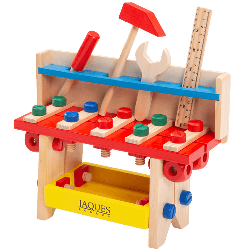 Colourful wooden construction and tool bench