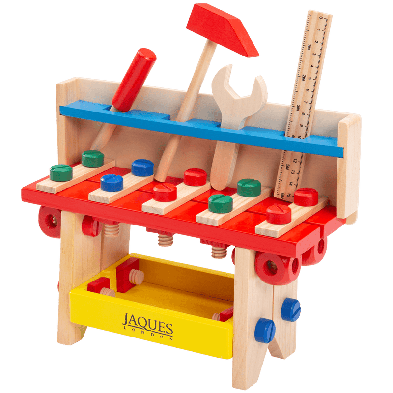 Colourful wooden construction and tool bench