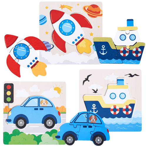 Set of children's educational puzzles with toys on a transparent background