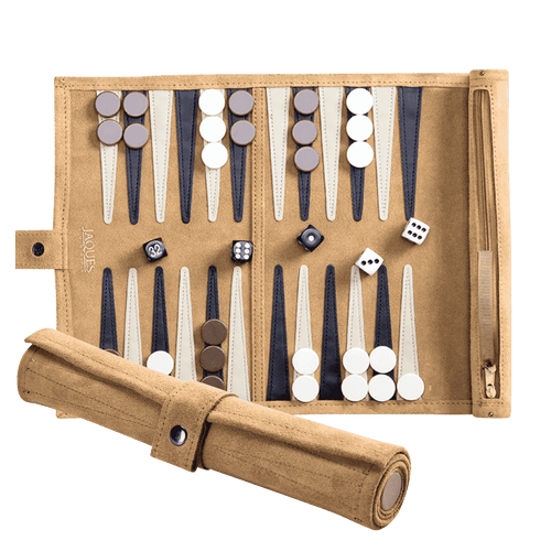 Backgammon set with pieces and dice in a beige carrying case on a transparent background
