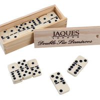 Double six dominoes in wooden box