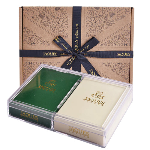 Two packs of playing cards in a clear plastic case with box