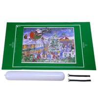 Quality green felt puzzle mat for up to 1500 pieces. - Green mat with completed puzzle, with inflatable tube and elastic ties