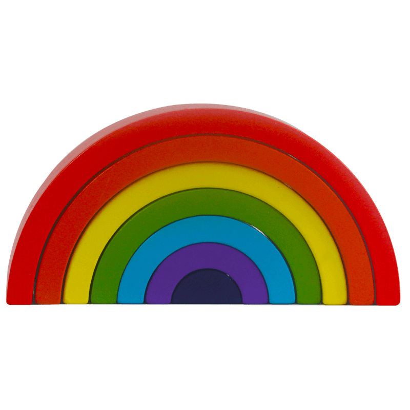 Kids wooden rainbow toy - 7 colourful arches front facing one on top of the other to form a rainbow