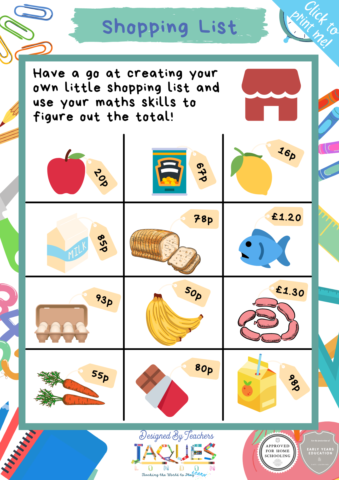 Shopping List Math Shopping List Math Activity – Jaques of London