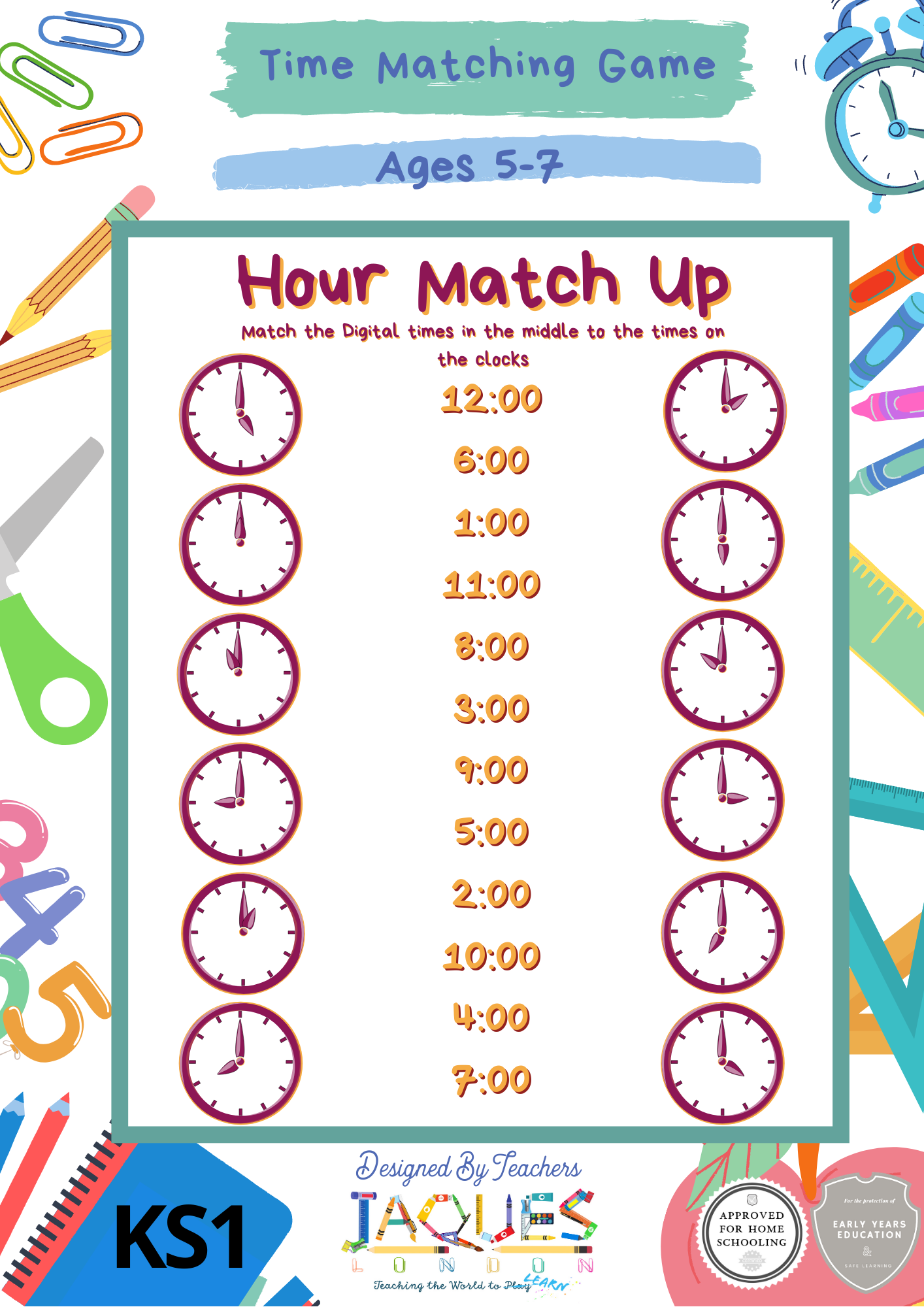 Learning Puzzles Time Matching Time Matching Activity | Free To Download β Jaques of London