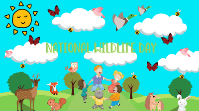 National Wildlife Day children playing woodland animals landscape