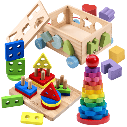 Wooden educational toy with shape sorting and stacking components on a clear background