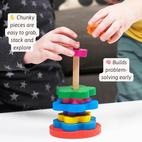 Children playing with a colorful stacking toy, highlighting its features. 