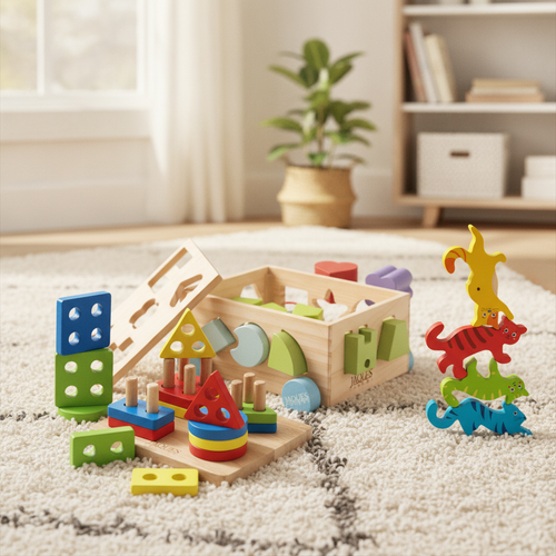 Sort and stack toddler bundle with stacking cats in a living room 