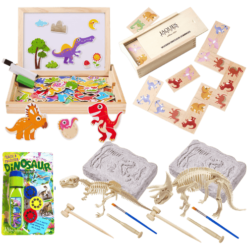 Collection of educational toys including a magnetic board, wooden puzzle, and dinosaur excavation kit on a white background. [fill]
