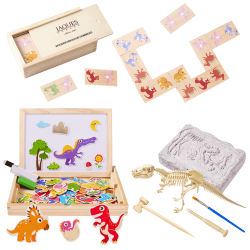 Collection of wooden toys including a puzzle, magnetic set, and dinosaur skeleton model on a green background.