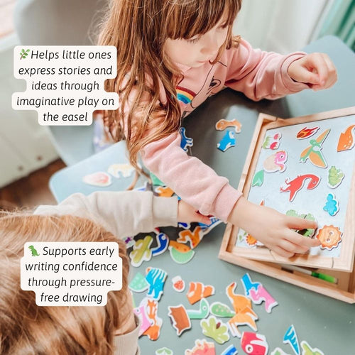 Child playing with colorful magnetic letters on a table, with text about imaginative play and early writing confidence. 