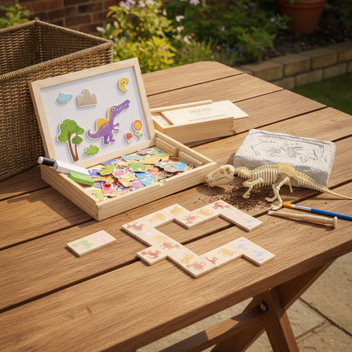 Dinosaur gift pack on a garden picnic table 