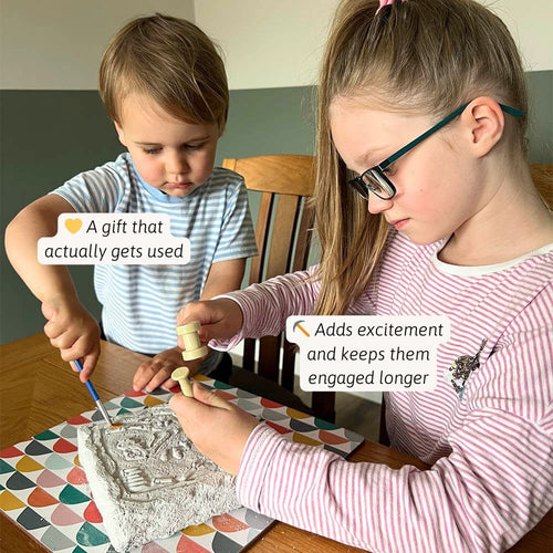 Two children engaged in an activity at a table with text overlay about engagement and excitement. 
