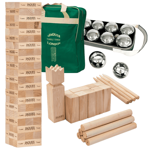 Collection of Jaques outdoor games including Jenga, Tumble Tower, and other components on a white background.