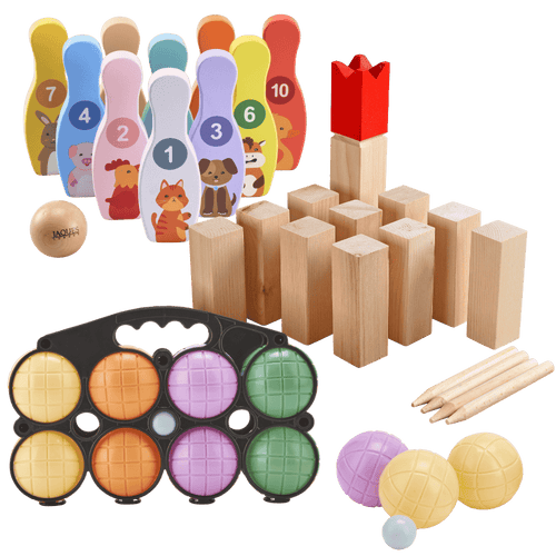 Collection of wooden toys including bowling pins, blocks, and balls on a green background