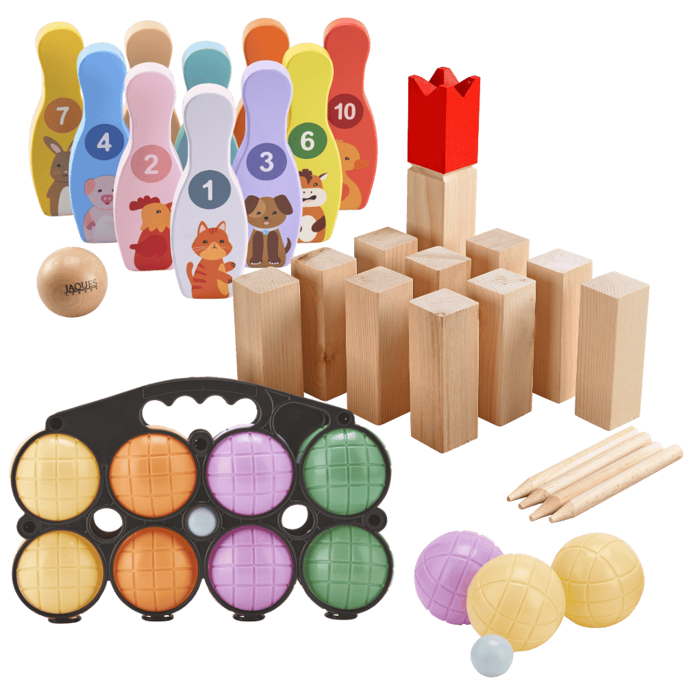 Collection of wooden toys including bowling pins, blocks, and balls on a green background