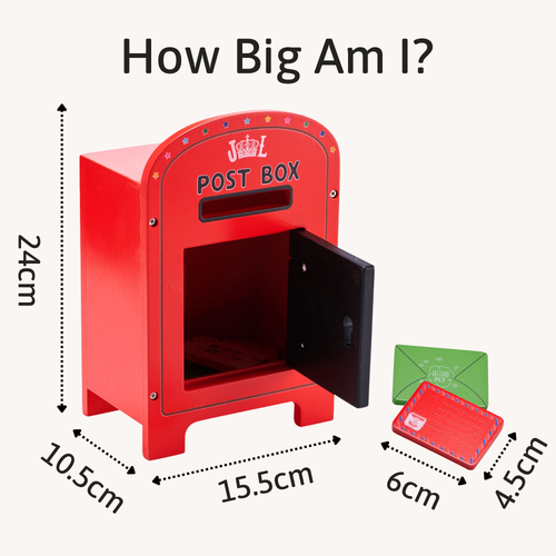 Red toy post box with dimensions indicated on a white background 