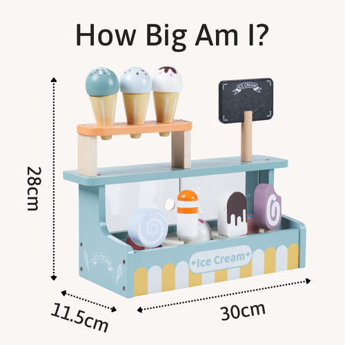 Measurement chart of a toy ice cream set with dimensions and ice cream cones on a white background. 