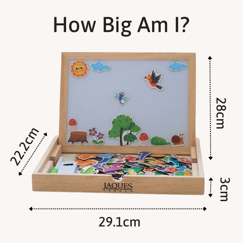 Children's puzzle with magnetic pieces and a wooden frame, showing dimensions. 