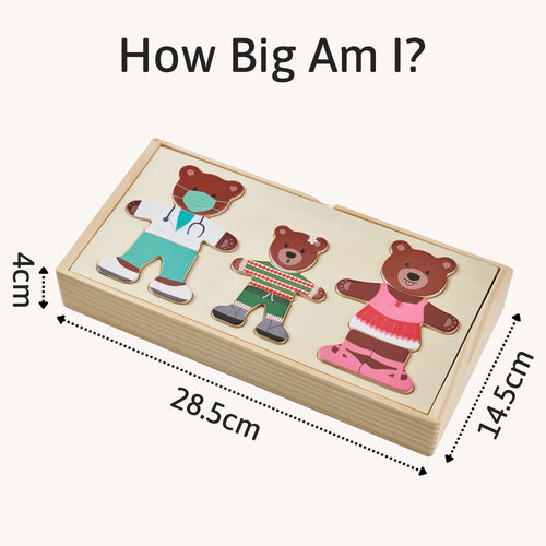 Wooden puzzle with teddy bears in different outfits and measurements on a white background 