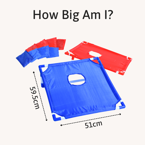 Blue and red cornhole boards laid out with bean bags beside them, featuring measurements showing the board’s width and height. 