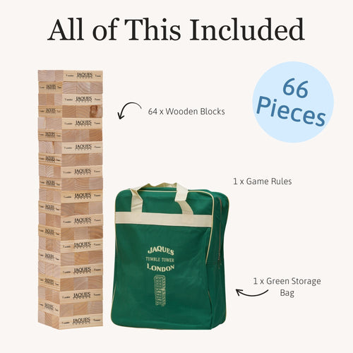 Wooden tumble tower game set showing tower blocks, instruction sheet and carry bag, 66 pieces 