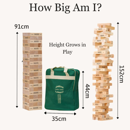 Wooden tumble tower game dimensions diagram showing height and width measurements 
