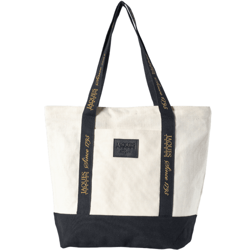 White tote bag with black accents and 'Jacques' branding on a transparent background [fill]