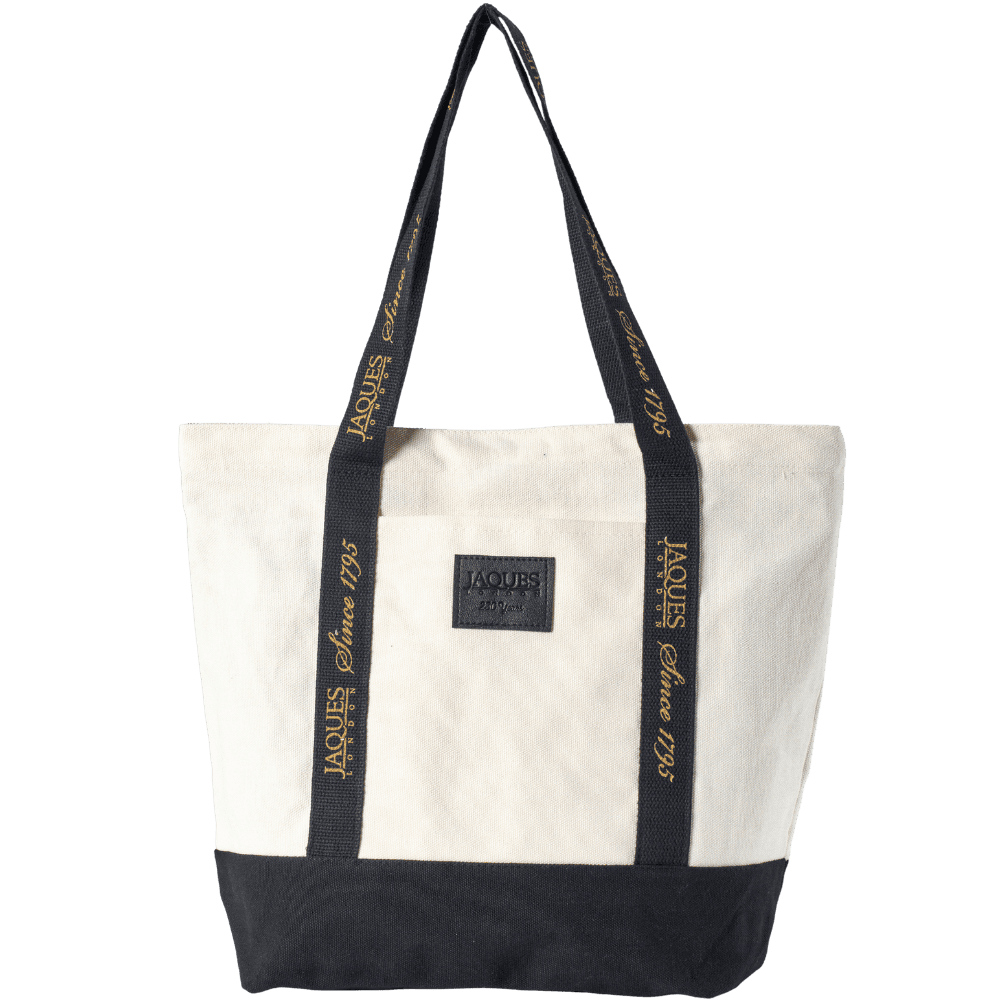 White tote bag with black accents and 'Jacques' branding on a transparent background 