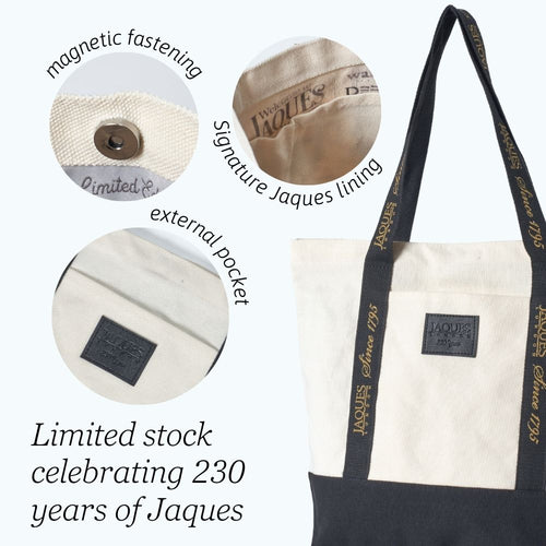 Canvas tote bag with Jaques branding and features on a white background 