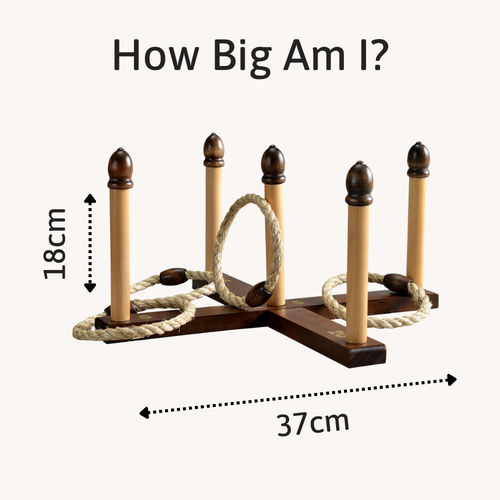 Original Quoits Set displayed with measurements (37cm x 18cm), showing wooden base and rope quoits neatly arranged. 