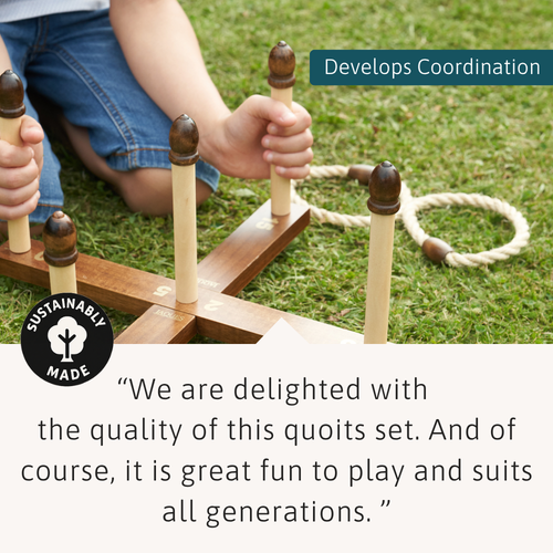 Close-up of a child’s hands playing with the wooden quoits set on grass, with text highlighting ‘Develops Coordination’ and a positive customer review. 