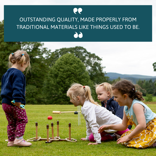 Children playing with the Original Quoits Set outdoors, with text overlay praising quality and traditional materials. 