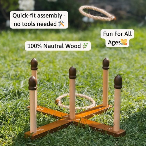 Wooden quoits game set up on grass, with text overlays: ‘Quick-fit assembly – no tools needed’, ‘100% Natural Wood’, and ‘Fun For All Ages’. 