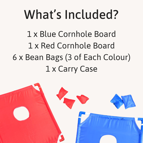 List of items included with the cornhole set shown alongside red and blue boards and matching bean bags. 