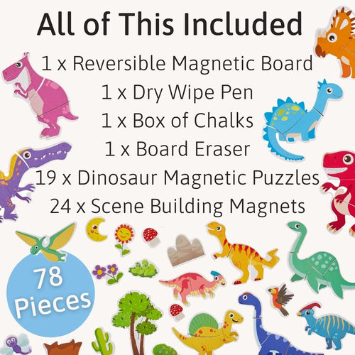 List of included items for a dinosaur-themed educational set on a white background with colourful dinosaurs. 