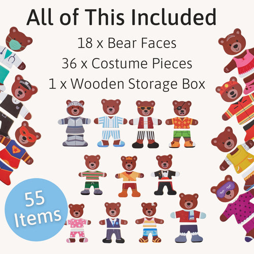 Set of bear faces with costume pieces and a wooden storage box on a white background 