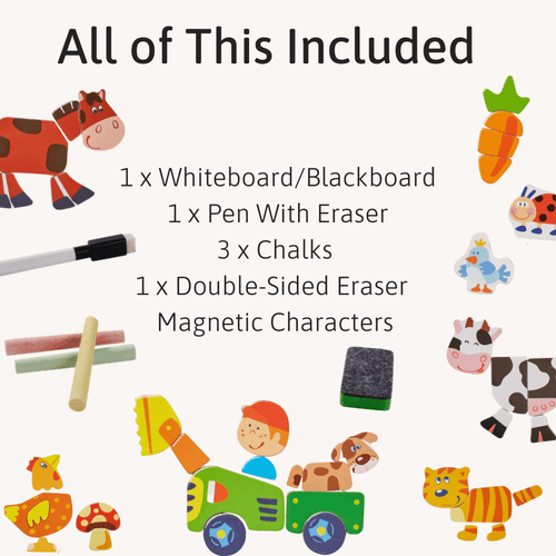 Educational toy set with whiteboard, pen, chalks, eraser, and magnetic characters on a white background. 