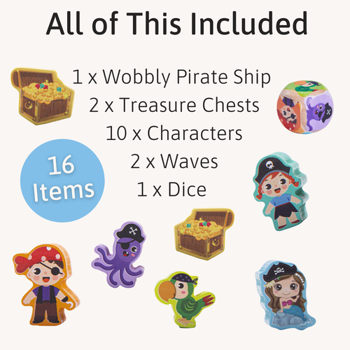 Toy set with wobbly pirate ship, treasure chests, characters, waves, and a dice on a white background. 