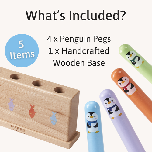 Wooden pegboard with penguin pegs and a handcrafted wooden base, labeled 'What's Included?' on a white background.  
