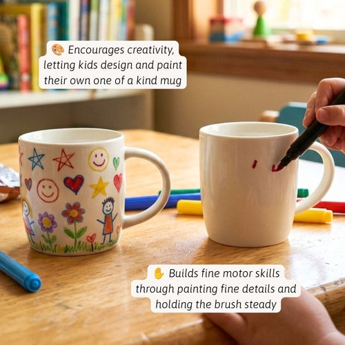 Jaques of London Paint Your Own Mug Set - ceramic mugs and colourful markers laid out ready for painting, 