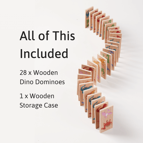 Wooden dino dominoes set with storage case on a white background 