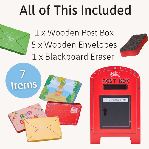 Red wooden post box with colorful envelopes and a blackboard eraser on a white background.  