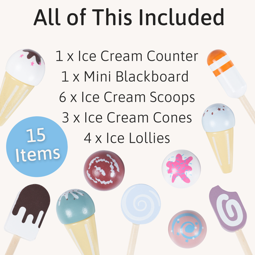 List of included items with ice cream-themed toys and props on a white background.  
