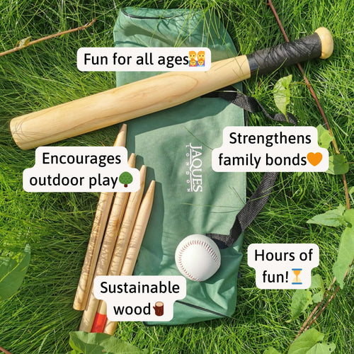 Jaques of London Rounders Set arranged on grass with wooden bat, posts, and ball beside a green carry case, surrounded by text labels such as “Fun for all ages,” “Encourages outdoor play,” “Sustainable wood,” “Strengthens family bonds,” and “Hours of fun.” 
