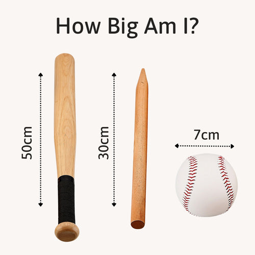 Wooden rounders bat, post, and ball shown with measurements: bat 50cm, post 30cm, and ball 7cm, under the heading “How Big Am I?” 